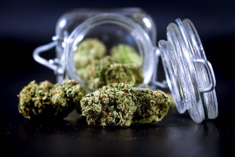cannabis packaging compliance - High-quality image of cannabis buds partially spilling from an open glass jar.
