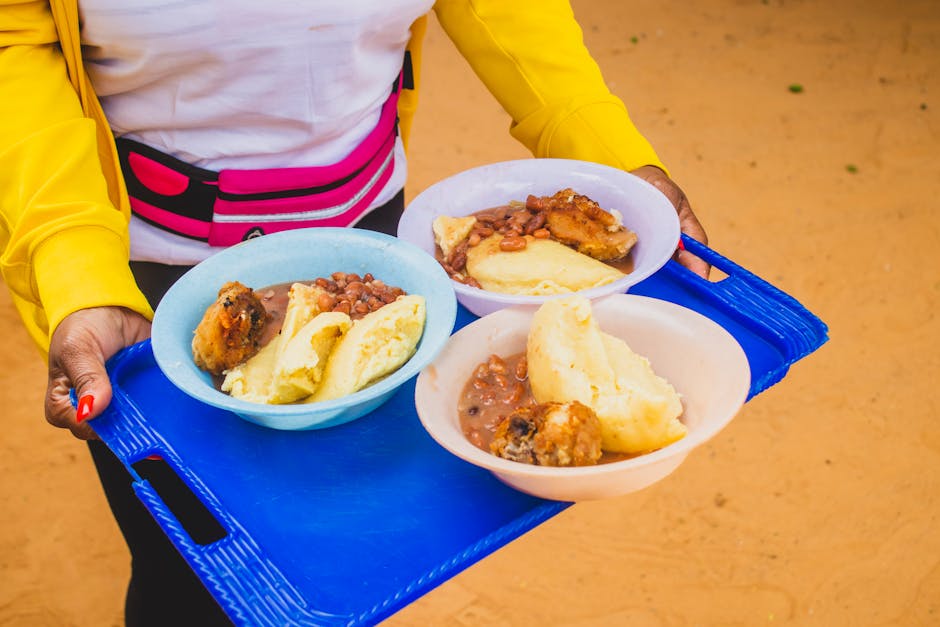 frozen food packaging - Vibrant meal with beans and mashed potatoes served outdoors on a blue tray.
